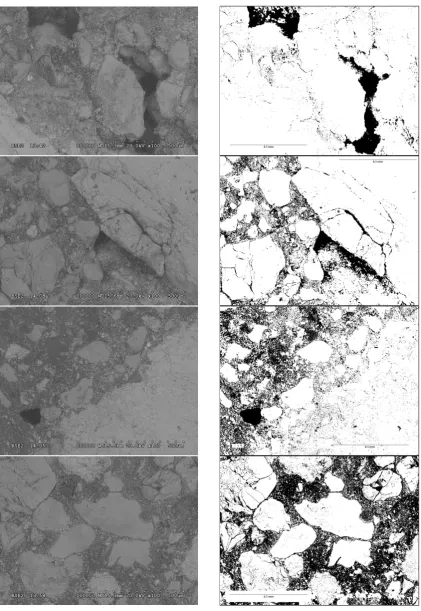 Figure 5. SEM (left) and binary image (right) of 100% RAP, 0% RCCA with 6% cement