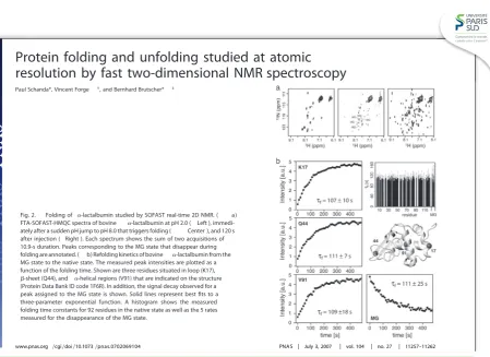 Figure 2.1H- 15N correlation spectrum (central part) of ubiquitin (2 mM,pH 4.7) recorded at 800 MHz in only 5 s using the sequence of Figure 1.The acquisition parameters were set to: R )120°, Δ )5.4 ms, δ )1.2ms, t2max )40 ms, and trec )1 ms