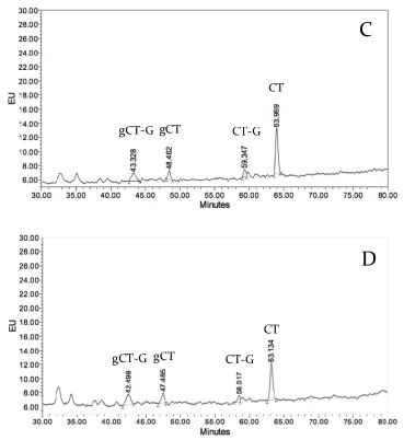Figure 2.2: HPLC chromatograms of A: DMS53 culture medium, after incubation for 72 h in 10 ml of growth medium; B: DMS53 culture medium, after incubation for 72 h in 30 ml of growth medium; C: DMS53 culture lysate, after incubation for 72 h in 10 ml of gro