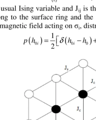 Fig. 1. Schematic representation of a nanoparticle. Open circles indicate magnetic atoms at the surface shell and solid circles are magnetic atoms constituting the core