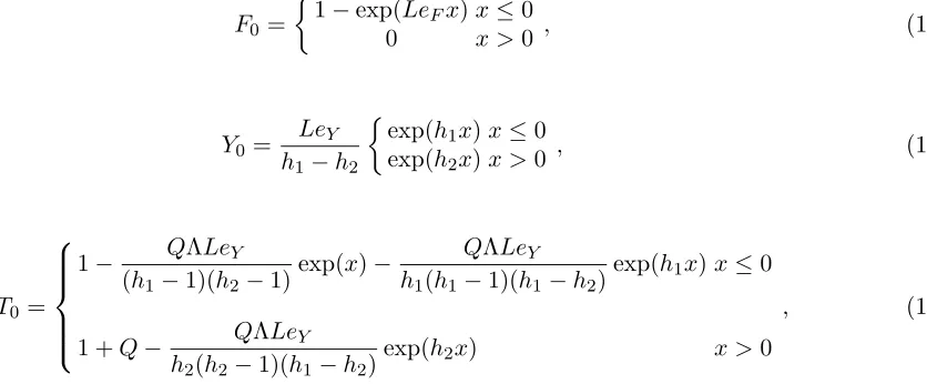 Figure 1.Proﬁles of (a) temperature and (b) fuel and intermediates mass fractions, in the steady, planar ﬂame, forLeF Q = 5, = LeY = 1 and Tc = 4 (QD = 1.667) (solid lines), Tc = 5 (QD = 1.25) (dashed lines) and Tc = 5.7 (QD = 1.064) (dot-dashedlines)