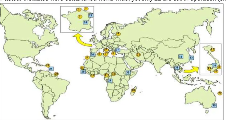 Figure 2.1 Pasteur Institutes worldwide in 2008. Note: (Not shown are associate institutes and recent creations)