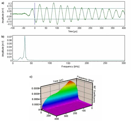 Fig. 7. (a) Typical AE signal waveform, (b) its power spectrum by FFT, and (c) 3D plot of 