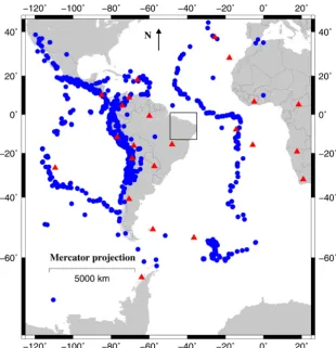 Figure 1. Seismic stations (red triangles) and epicenters of the earthquakes (blue cir-cles) used in the present study