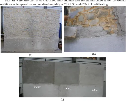 Figure 2. Test panels: (a) large scale model; (b) application of the mortars on testing panels; (c) final appearance of the mortars after the application