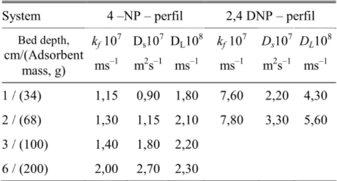 Fig. 6. Application of the model to 4-NP/ perfil system,  experimental and theoretical curves 