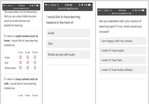 Figure 3.4. students’ podcast preferences (left), students’ podcast choices (middle), page measures students’ satisfaction regarding their choices (right)