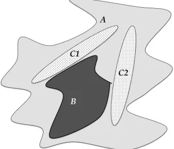 Figure 1: Depiction of the Denominator Problem: the relationship between possible behaviors of a biological system (A) with a smaller space of empirical sampling (B) and smaller sets examined by “good” experiments (C1 and C2)