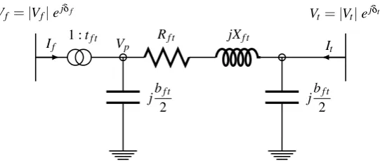 Figure 1. Generic branch model (transformers (π-circuit) for modeling transmission lines (t ft = 1 & φ ft = 0), in-phaseφft = 0) and phase-shifting transformers(φ ̸ ft= 0)