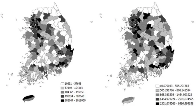 Figure 5. The geographic distribution of 2009 space-time-based population count forecasts and their uncertainty  5a