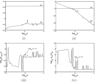 Fig. 1. (i)(a) The maximum allowable value of ∥is equal to∥zf1∥, which is equal to ∥f1∥ /µ, (b)the computed value of ∥zf1∥; (ii)(a) the maximum allowable value of ∥zg1∥/α, which ∥g1∥ /µ, (b) the computed value of ∥zg1∥/α; (iii) the normalised residualrnorm∥; (iv) the singular value ratio σ54/σ55.