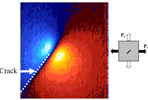 Figure 2.  Typical map of thermoelastic signal around a mixed mode I+II crack tip 