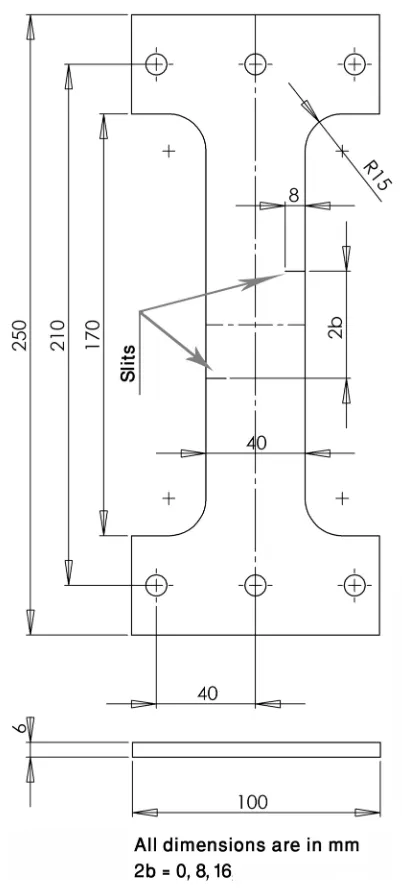 Figure 4. Design of the offset double edge slit fatigue specimens 