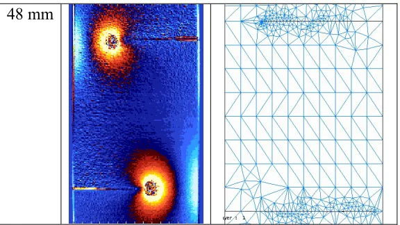 Figure 5 (top) Crack tip stress field using thermoelasticity recorded towards the end of  crack growth , (bottom) final predicted paths of interacting cracks using the FRANC2DL finite element package for five different crack vertical offsets of 0, 8, 16, 3