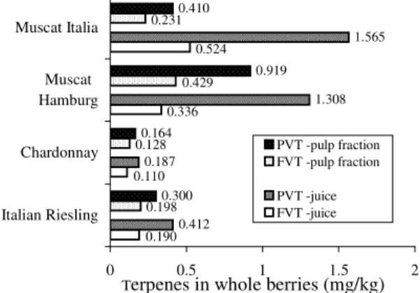 Fig. 3. Distribution of FVT and PVT in juice and raw grape  material (pulp fraction) from different grape varieties 