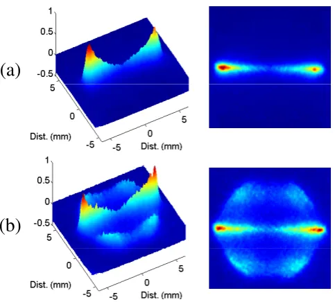 Figure 3.1: Observed transverse atom laser proﬁles from the ANU He* experiment [146]. Thediﬀerence between (a) and (b) is that the outcoupling Rabi frequency has been increased by anorder of magnitude in (b) to Ω = 2π × 500 Hz.
