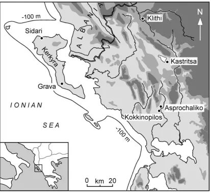 Figure 1. Location map of Epirus, Greece, showing general topography, sites 