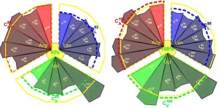 Figure 5. Example of scoring visualization for Right and Left upper limbs from selected motionTable 2per angular (Ang, in red), length (Len, in blue) and volumetric (Vol, in green) properties