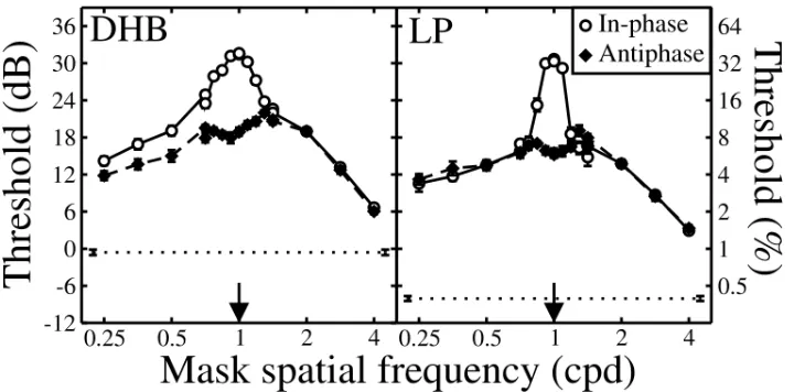 Figure 4:  Dichoptic spatial frequency tuning functions. Mask and target gratings were either in‐phase (open circles), or out  of phase by 180° (filled diamonds). All stimuli were horizontal. The spatial frequency of the target was 1 cpd (arrows). The horizontal dotted line shows the baseline detection threshold (0% mask contrast), and error bars show ±1SE of the probit fit. 