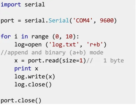 Figure 1: Code Snippet showing the logging of data using  Python 