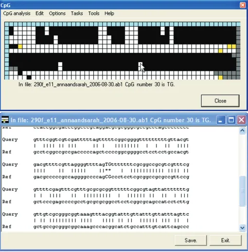 Figure 3. Display of the text alignment underlying the methylation status grid. This display option is used under two circumstances: if the originalinput sequence was plain text rather than trace data; if the Always show text alignment option is selected