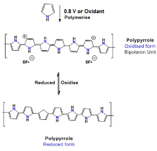Figure 22. Polymerisation of polypyrrole by either electrochemical or chemical pathway