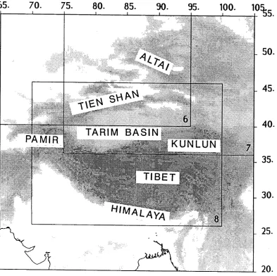 Figure 2.5. Central Asia, b) Reference map identifying major topographic fea­some systematic distortion in this and the following figures due to conversion from tures in a) and relative postitions of maps in figures 6, 7 and 8