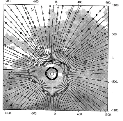 Figure 7. Tien Shan, a) Reflection pattern for a source in the eastern Tien Shan at a phase velocity of 3.7 km s-1