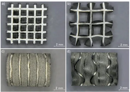 Fig. 11. Deformed 250 % strain under quasi-static loading (1 × 2-celled composite honeycomb at×10−3 1/s): a), b) foldingpatterns; c), d) SE micrographs showing cracks in folds.