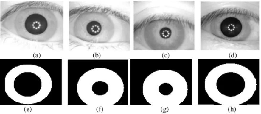Fig. 4. Accurate iris localization of CASIA-Iris V3 database: (a, b, c, and d) are the first image from first, second, third, and fourth person, respectively
