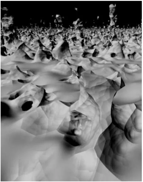 Fig. 3 An implicit surface representing a sphere that has been hypertextured with three layers of (from left to right) Perlin’s gradient noisefunction, Lewis’s sparse convolution noise function and Worley’s cellular texture function.