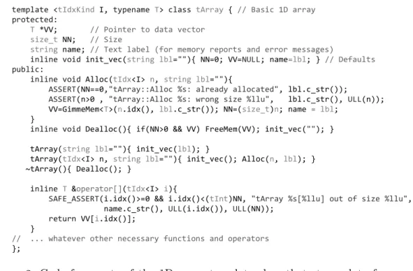 Figure 3. Code fragments of the 1D array template class that stores data for a set of mesh objects of a certain kind