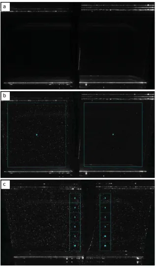 Figure 2: a) Microfibrous textile without seed particles (reference picture), b) filtration textile with seed particles (silver coated hollow glass spheres (S-HGS) 10��in diameter) andchosen evaluation areas for analyzingfiltration efficiency, c) chosen evaluation areas for analyzing homogeneity of filtration efficiency