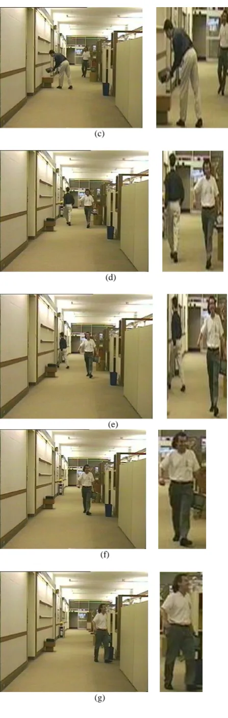 Fig. 2: Moving object region extraction of ‘’Hall Monitor’’ CIF format  (a)45th input frame; (b)85th frame; (c) 105th frame; (d)198th frame; (e)230th frame; (f)264th frame; (g)294th frame   