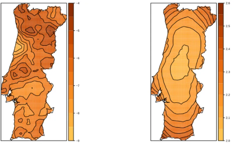 Figure 4 – Predicted intensity (logarithmic scale) for the year 2005: Mean with contour (left), Standard deviation with contour (left).
