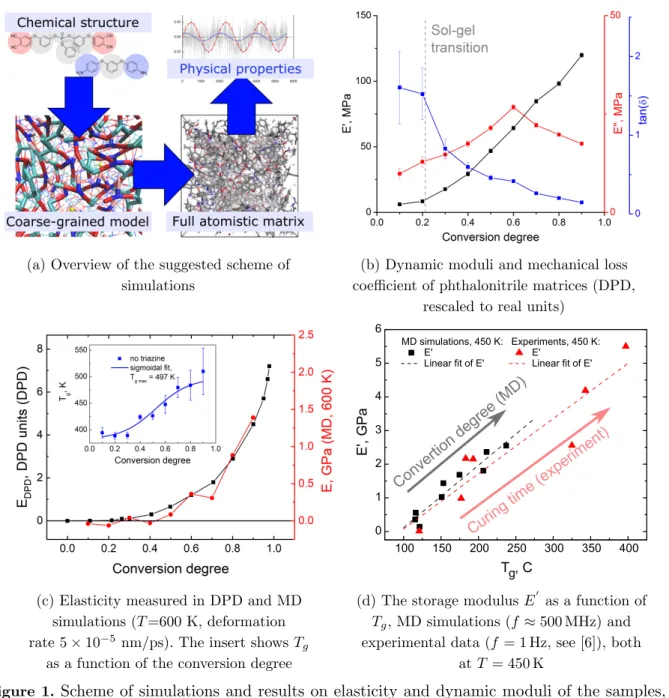 Figure 1. Scheme of simulations and results on elasticity and dynamic moduli of the samples, simulations and experiments