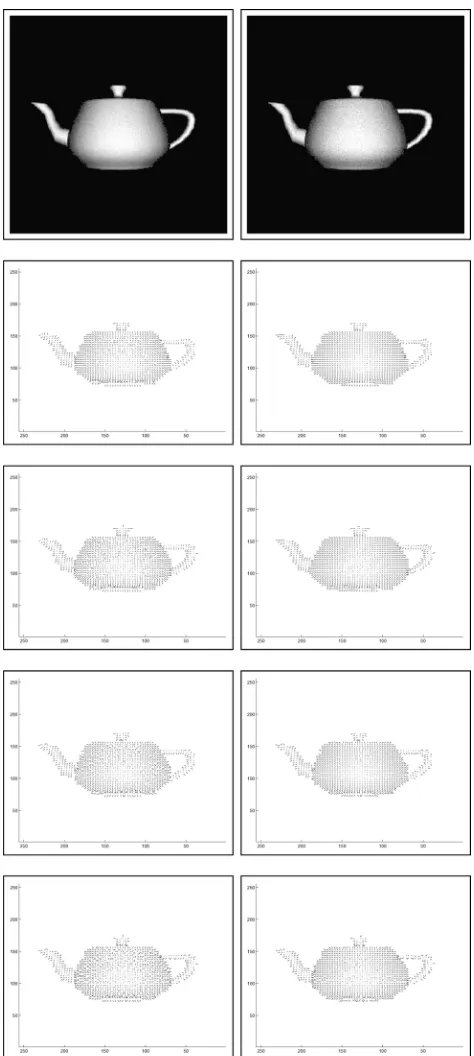 Fig. 5. First row: Input images with noise added. Second and third rows: Fieldof surface normals delivered by the algorithm of Worthington and Hancock afterten and 100 iterations