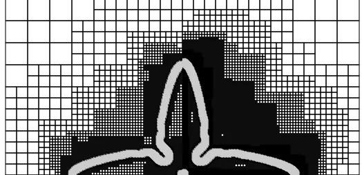 Fig. 2. Adaptive meshes after t=2000 for CE = 1/2 and left Ec = 0.25 and rightc = 1.00, the ﬁnest mesh is shaded grey