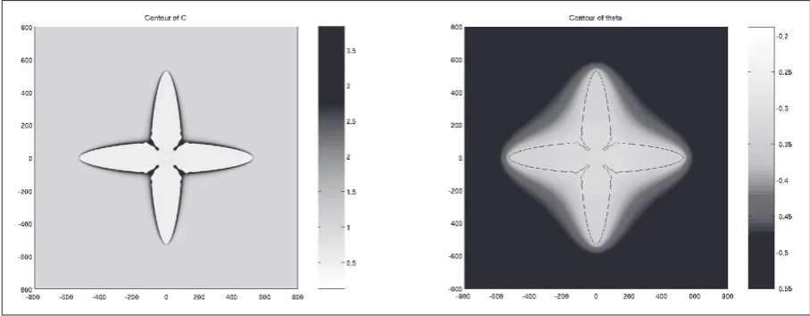 Figure 1: The concentration ﬁeld and the temperature ﬁeld of a simulation with Lewis number 40.