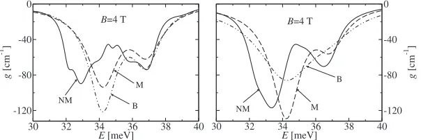 FIG. 7. Optical gain vs energy for a magnetic ﬁeld of 4 T. The energy range is in the vicinity of one longitudinal optical phonon energy.