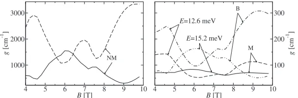 FIG. 9. Maximal gain vs magnetic ﬁeld for transitions from the upper laser level and the ground state of the preceding period to the lower
