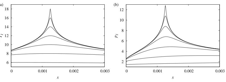 FIG. 1: Evolution of (a) temperature perturbation, T1, and (b) pressure perturbation, p1, close to