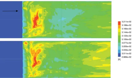 Figure 5:  Numerical simulation of the flow field of hump – side view. Mean velocity flow field for velocity 8.5 m.s-1, data sampling for time statistic about 0.5 s, plain of symmetry, upper – without influence of synthetic jet, lower – with influence of synthetic jet  