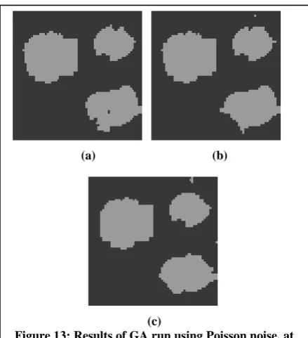 Figure 13: Results of GA run using Poisson noise. at (c) 8.5946 dB SNR, (a-c)results obtained after 5, 10 and 150 generations respectively