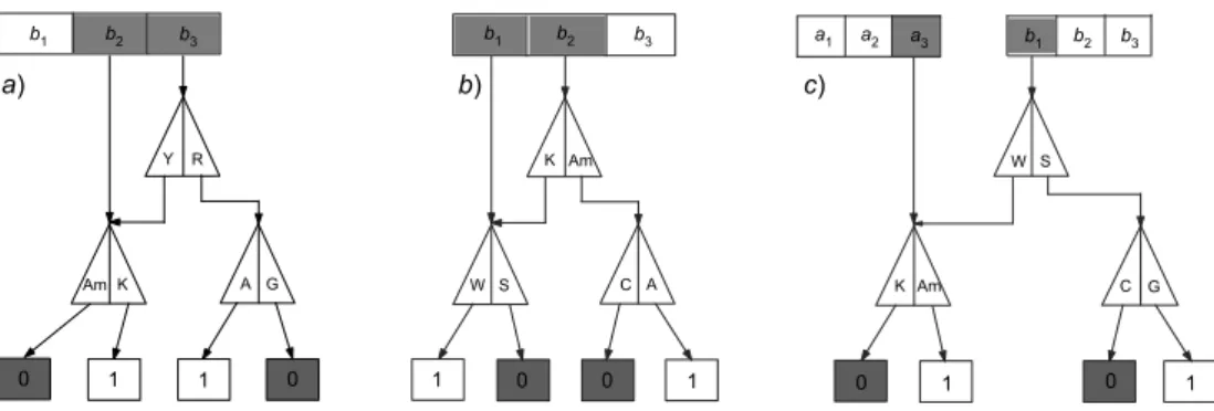 Figure 3 – Algorithmic representation of the dichotomic classes: a) parity class, b) Rumer’s class, c) hidden class.