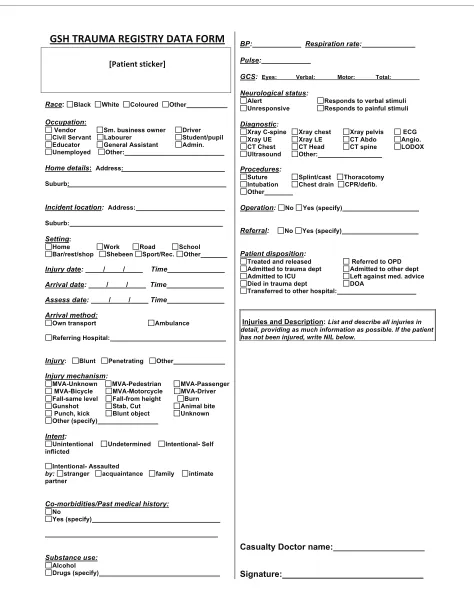 Figure 1 Paper data collection form. A one-page paper form was created in order to assemble the data to populate the trauma registry