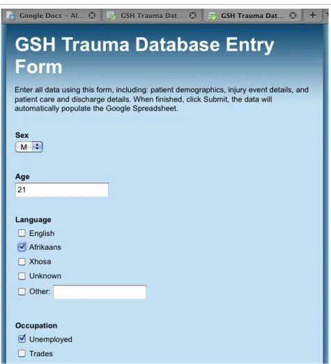 Figure 2 Google Docs Form used for data entryThe Form creation utility allows for the design of a data entry system without the need for programming or advanced computer skills