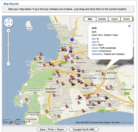 Figure 3 Screenshot of the BatchGeocode georeferencing systemthen geocoded. Results can be viewed and stored online at www.batchgeocode.com for public or private viewing