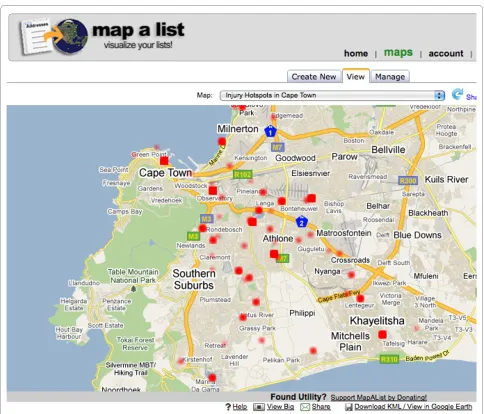 Figure 4 Mapalist injury concentration (hotspot) mapthe options for hotspot mapping are rudimentary, this is a valuable and distinctive feature of the Mapalist system, as GeoWeb applications generally do not have the capability of visualizing concentration