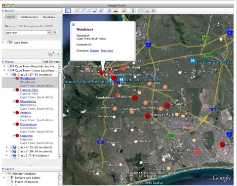 Figure 5 Google Earth visualization of injuries by suburbuser can explore the spatial distribution of injury in Cape Town interactively at multiple scales
